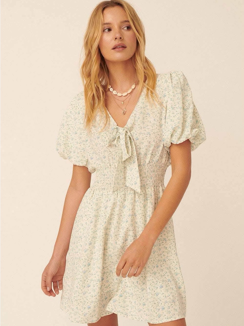Nantucket Tie-Front Mini Dress Puff Sleeve - Cream Floral Small NWT I-14